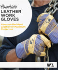 Man wearing Men's White Mule Heavy Duty Cowhide Leather Palm Work Gloves X Large for tough jobs holding metal chains