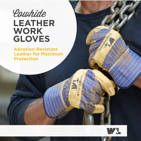 Man wearing Men's White Mule Heavy Duty Cowhide Leather Palm Work Gloves X Large for tough jobs holding metal chains