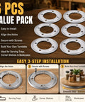 Built Tough Lazy Susan Hardware Six Pack, 9 Inch Turntable Bearings on wooden surface, showcasing installation steps and features.