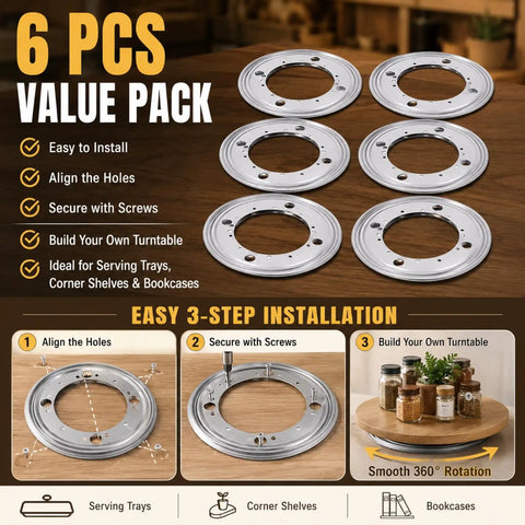 Built Tough Lazy Susan Hardware Six Pack, 9 Inch Turntable Bearings on wooden surface, showcasing installation steps and features.