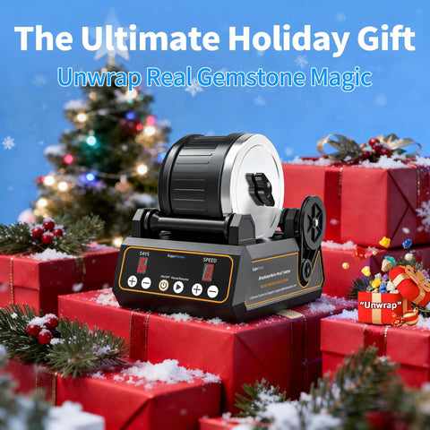 Rock Tumbler Kit With Quiet 2.5Lb Rubber Barrel Rotary Polisher on holiday gift boxes with snow and Christmas trees.
