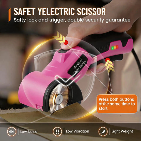 Close-up of pink Cordless Electric Scissors With LED Light, Ultra Quiet Beastly Brushless Motor Cutter cutting fabric