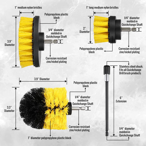 Diagram of Power Scrub Drill Brush Attachment Set with yellow bristles, plastic handles, three sizes with dimensions listed.