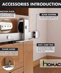 Mini Brushed Nickel Sliding Barn Door Hardware Kit For Double Doors With 60 Inch Flat Track And Bent T Shape Rollers Non Bypass Design Ideal For Cabinets TV Stands Consoles Closets And More accessories detail showing door stopper, floor guide, and junction plate.