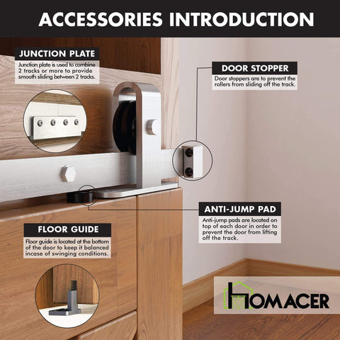 Mini Brushed Nickel Sliding Barn Door Hardware Kit For Double Doors With 60 Inch Flat Track And Bent T Shape Rollers Non Bypass Design Ideal For Cabinets TV Stands Consoles Closets And More accessories detail showing door stopper, floor guide, and junction plate.