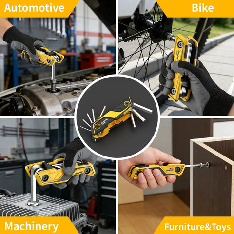 Folding Wrench Set 17-Piece With 9 SAE And 8 Metric Hex Keys used for automotive, bike, machinery, and furniture repairs.
