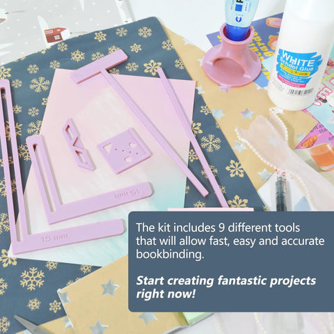 9 Piece Bookbinding And Scrapbooking Tool Kit For Beginners With Stencil Templates And Cutter Guides, tools spread on craft table