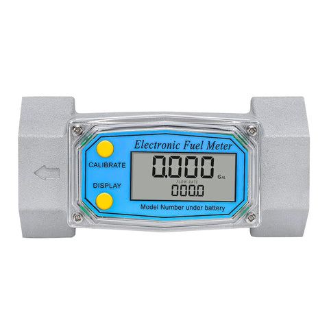 1.5-inch Turbine Flow Meter with LCD, showing display screen, for diesel kerosene gasoline, range 10-73.5 GPM, tangible and cumulative reads