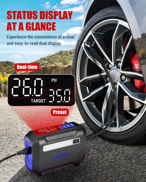 Hella Compact Tire Inflator And Portable Air Compressor Offering Straight Up Lightning Fast 40 Liters Per Minute Fill Rate With An Easy To Read Dual Digital Screen showing tire pressure readings.