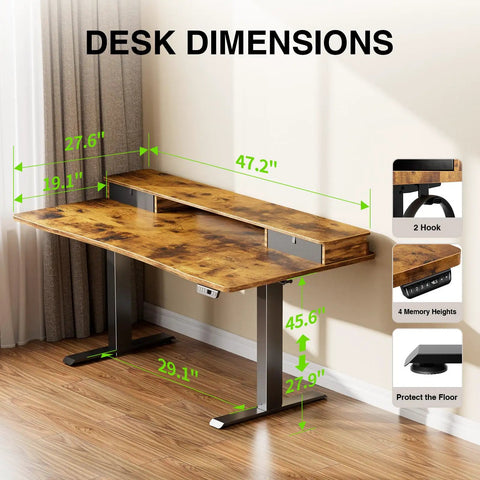 Standing Desk With Storage Drawers And Monitor Shelf For A Game Ready Office Setup Adjustable Height Computer Desk For Home Office Study Gaming And Workstation 47.2 By 27.6 Inches Brown with dimensions and features.
