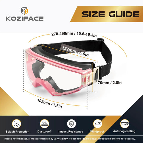 Pink Safety Goggles For Men And Women With Adjustable Strap Size Guide, Impact Resistant, ANSI Z87.1 Plus Certified