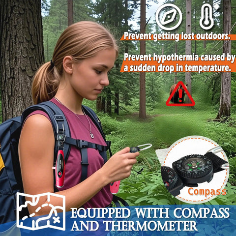 Woman holding Bear Deterrent 120dB Air Horn With Compass And Thermometer For Hiking And Camping Safety in forest.