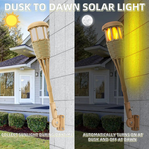Upgraded Flickering Flame Solar Powered Torches to Light Up Outdoor Gardens and Patios Waterproof Decorative Lighting with Realistic Flame Patterns Handmade Bamboo Weave Look Energy Saving Weatherproof 2 Pack installed beside house wall