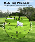 Pro Grade 1200 Yard Golf Range Finder With Slope And Flag Lock Vibration, 7X Magnification, Game Ready Lightweight Rechargeable Laser, Quick Scan, Legal Switch, Range Finder Accessory For Golf White showing flag lock at 139 yd