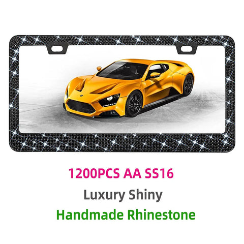 Rhinestone License Plate Frame Bling for Women With Sparkly Crystal Shine, Stainless Steel Construction, Over 1200 Faceted Black Glass Crystals