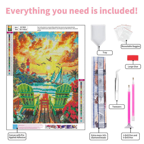 Sunset Diamond Painting Kit For Adults, 5D Beach DIY Full Drill Round Gem Art with canvas, tweezers, tray, pens, glue, and extra diamonds.