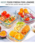 Glass Meal Prep Containers With 3 Compartments, 36 Oz, 5 Pack, filled with fruits, vegetables, and pasta, shown with lids off