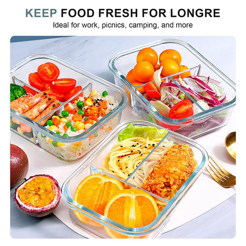 Glass Meal Prep Containers With 3 Compartments, 36 Oz, 5 Pack, filled with fruits, vegetables, and pasta, shown with lids off