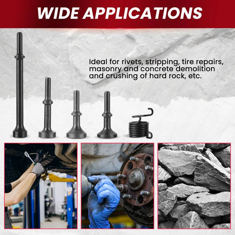 Five Piece Smoothing Air Hammer Bits Kit With 10mm Shank For Pneumatic Tools displayed with applications for metalwork and construction