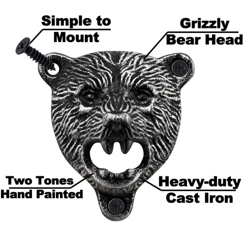 Keep Your Cold Ones Rolling Smooth With This Heavy Duty Cast Iron Vintage Beer Bottle Opener Wall Mount Featuring Sculpted Grizzly Bear Head And Gripping Teeth Lever For Man Cave Bar Setup - close-up view of painted bear head opener