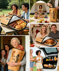 Collage of 21 Inch BBQ Thermal Blanket for resting meat at outdoor and indoor dining events, featuring family gatherings and camping scenes.