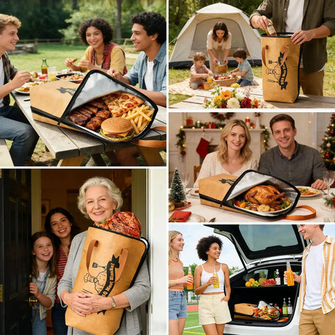Collage of 21 Inch BBQ Thermal Blanket for resting meat at outdoor and indoor dining events, featuring family gatherings and camping scenes.