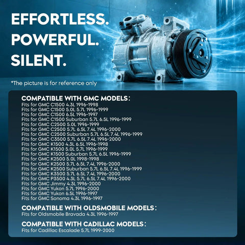 Oem Standard Heavy Duty Road Tough Ac Air Compressor With Clutch, showcasing compatibility with GMC and Oldsmobile models.