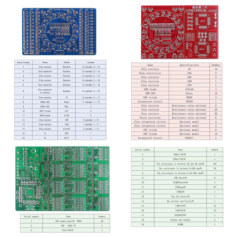 Three Pack SMD Soldering Practice Kit For SMT Training Boards with easy to hard components and detail tables for reference