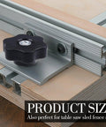 Eight Pack T Track Knob Kit With Four Star Knobs And Skeleton Knobs mounted on T-Track, showing size and application as fence stop.