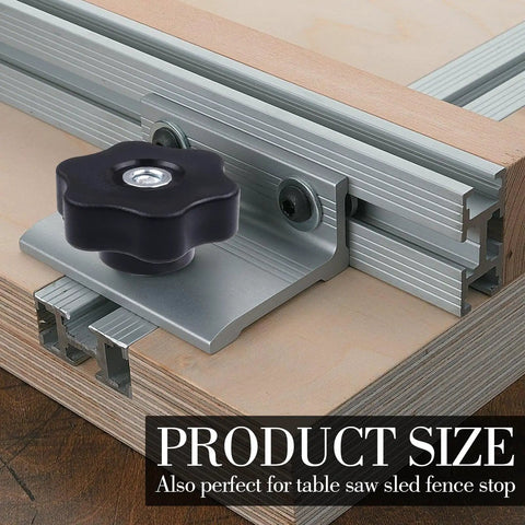 Eight Pack T Track Knob Kit With Four Star Knobs And Skeleton Knobs mounted on T-Track, showing size and application as fence stop.