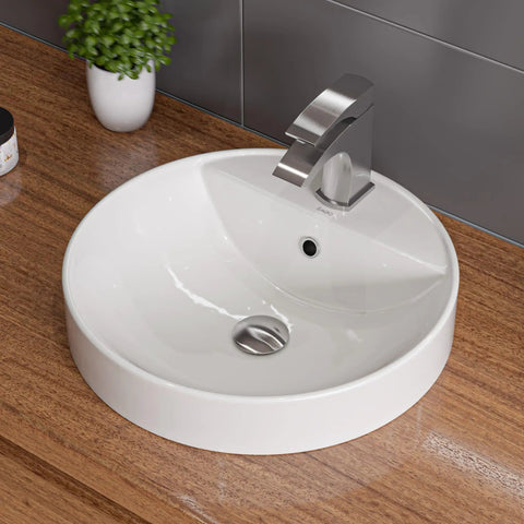 BA141 18 Inch Round Ceramic Above Mount Bathroom Basin With Single Hole Faucet Setup And Rear Center Drain No Fuss Built To Last Porcelain Sink For Modern Homes