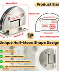 Brushed Nickel 90 Degree Glass Shower Door Hinge In SUS304 Stainless Steel Built To Last Rustproof And Corrosion Resistant Fits Glass Doors Durable Easy Install 1 Piece with size details and unique half-moon shape shown.