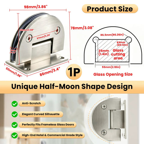 Brushed Nickel 90 Degree Glass Shower Door Hinge In SUS304 Stainless Steel Built To Last Rustproof And Corrosion Resistant Fits Glass Doors Durable Easy Install 1 Piece with size details and unique half-moon shape shown.
