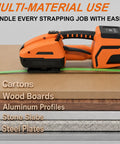 Heavy Duty Workhorse Electric Strapping Machine For Pallet Wrapping with green strap on various material surfaces.