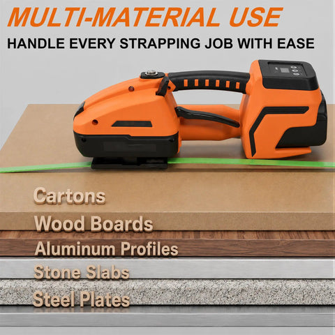 Heavy Duty Workhorse Electric Strapping Machine For Pallet Wrapping with green strap on various material surfaces.