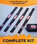 Beefed Up Axle Tie Down Straps Set, 4 Piece Kit with 2 x 38 Inch Heavy Duty Straps, Carbon Steel D Rings, storage bag included