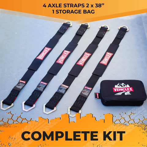Beefed Up Axle Tie Down Straps Set, 4 Piece Kit with 2 x 38 Inch Heavy Duty Straps, Carbon Steel D Rings, storage bag included