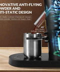 Cordless Coffee Grinder Featuring Rechargeable Conical Burr Mill And Sixty Precision Settings For Super Smooth Brewing On The Fly, close-up of anti-static design.