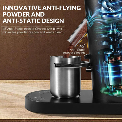 Cordless Coffee Grinder Featuring Rechargeable Conical Burr Mill And Sixty Precision Settings For Super Smooth Brewing On The Fly, close-up of anti-static design.