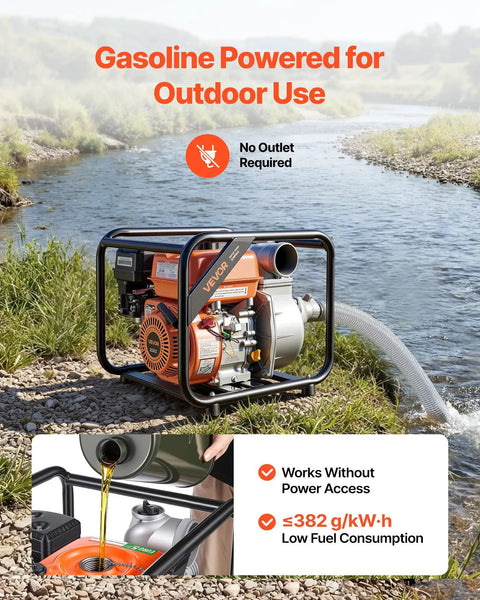 Heavy Duty 7HP Gas Powered Water Pump Pulling 242 GPM Through 3 Inch Intake Featuring A Knockout Cast Iron Impeller Plus 25 Foot Discharge Hose Built Real Tough For Yard Draining by a river.