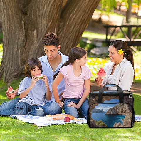 Family outdoors with Insulated Picnic Backpack Tote Bag 30L Large Capacity Cooler Bag With Leakproof Waterproof Design For Beach Camping And BBQ Portable Lunch Box Keeps Food Fresh And Drinks Cold All Day Easy Carry on blanket.