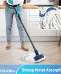 Heavy Duty Commercial String Mop With Extension Handle absorbs liquids and debris fast on hardwood floor, 57.5 inch, blue microfiber head.