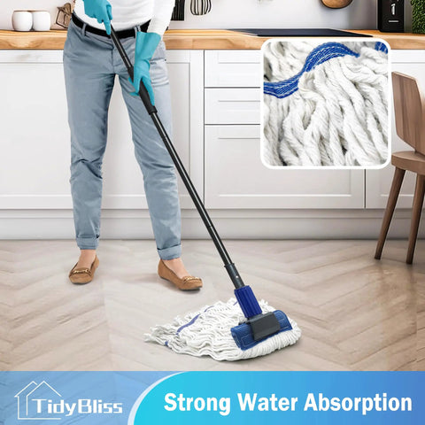 Heavy Duty Commercial String Mop With Extension Handle absorbs liquids and debris fast on hardwood floor, 57.5 inch, blue microfiber head.