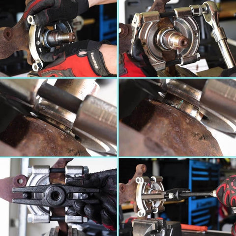 Heavy Duty 14 Piece Bearing Puller Set With 5 Ton Capacity Includes 2 Inch And 3 Inch Bearing Separator Jaws in use on a hub.