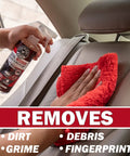 Hand wiping leather car seat with cleaner spray, All In One Interior Cleaner And Protectant With Black Cherry Scent, 16 Oz