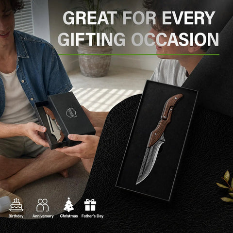 VG10 Damascus Steel Folding Knife With Multi Layer Damascus Blade Workhorse Everyday Carry EDC Pocket Tool For Daily Cutting Smooth V Ground Edge Safe And User Friendly Household Utility, boxed gift view