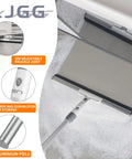 Heavy Duty Floor Squeegee With Flexible Silicone Blade And Long Aluminum Handle For Streak Free Bathrooms Showers Tiles Driveways And Glass That Makes Mopping Obsolete Now, close-up of knuckle joint and aluminum pole.