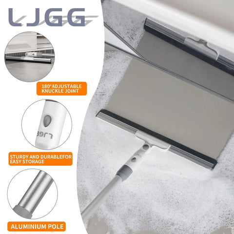 Heavy Duty Floor Squeegee With Flexible Silicone Blade And Long Aluminum Handle For Streak Free Bathrooms Showers Tiles Driveways And Glass That Makes Mopping Obsolete Now, close-up of knuckle joint and aluminum pole.