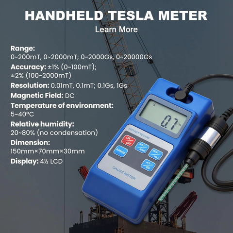 Digital Tesla Gauss Meter 0 to 2000mT DC Magnetic Field Tester With TES10B shown with display and buttons