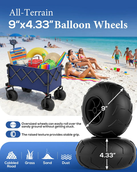 Beach Wagon With 9 Inch Balloon Wheels For Sand 200L Cart with gear on beach, visible 9x4.33" wheels, and seated people.